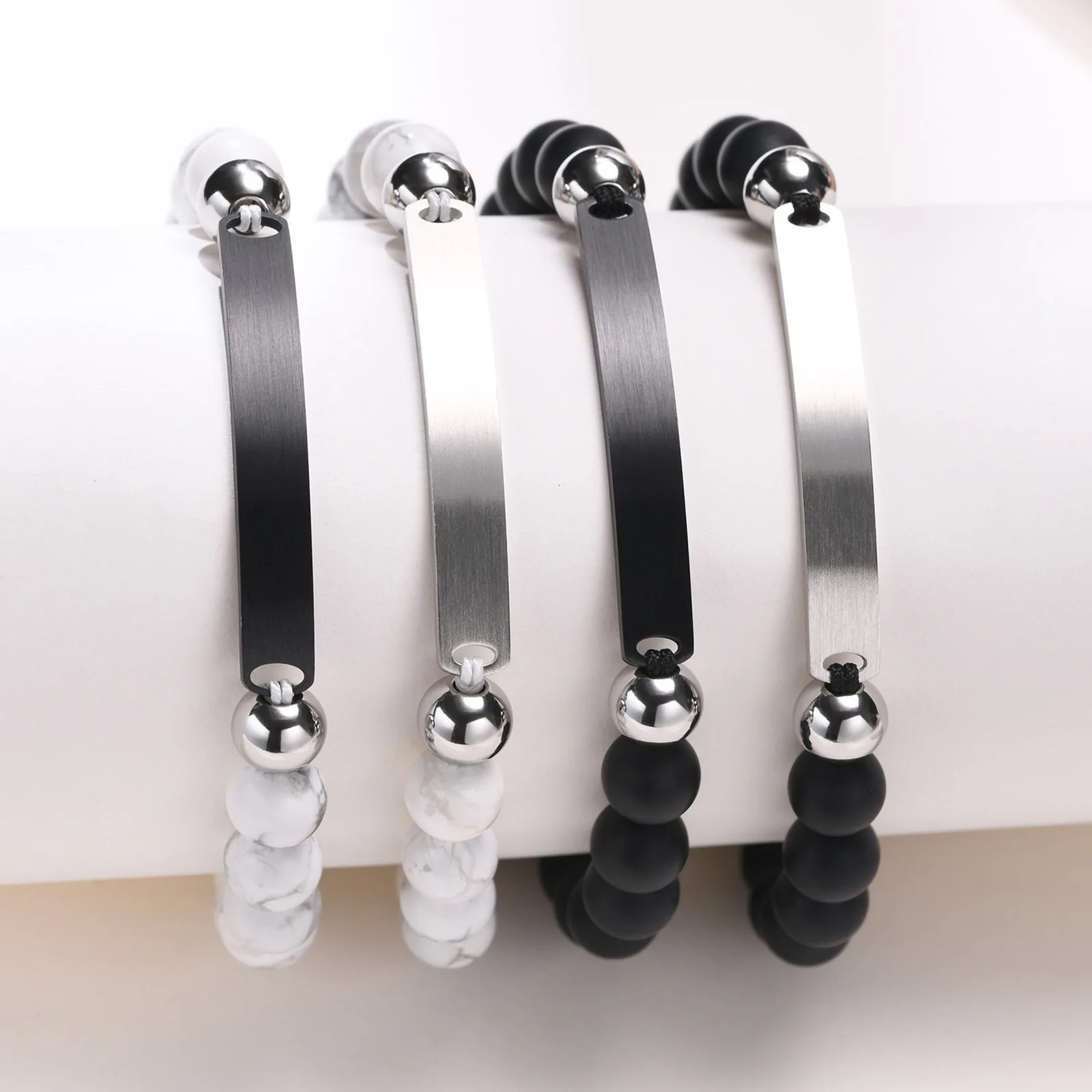 Adjustable Men Bracelet Bar Engraving Word Braided Rope Matte Black Stone Engraved Logo High Quality Cord