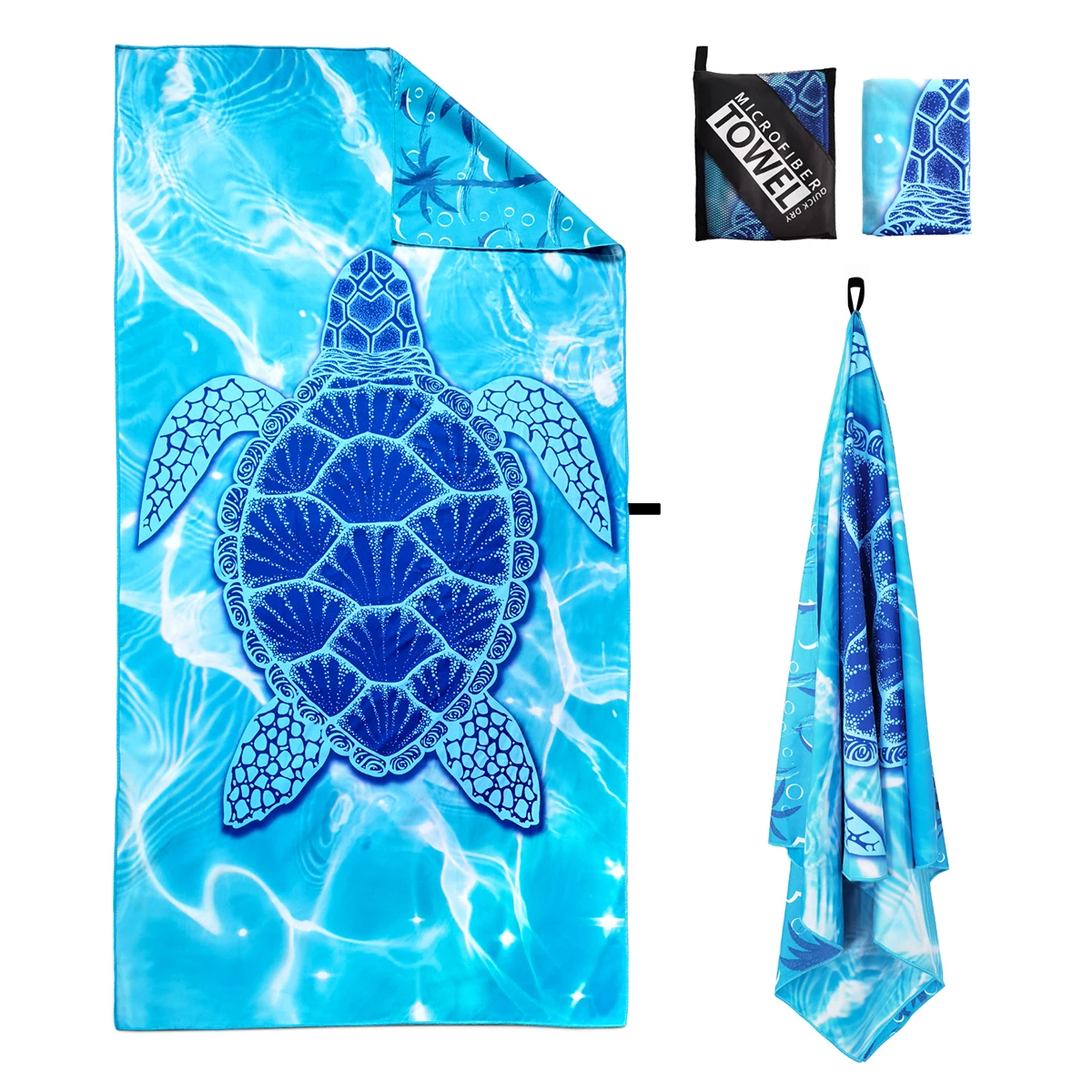 90*180Cm Quick Dry Plus Oversized Sea Turtle Printed Absorbent Suede Microfiber Personalized Beach Towels With Portable Mesh Bag