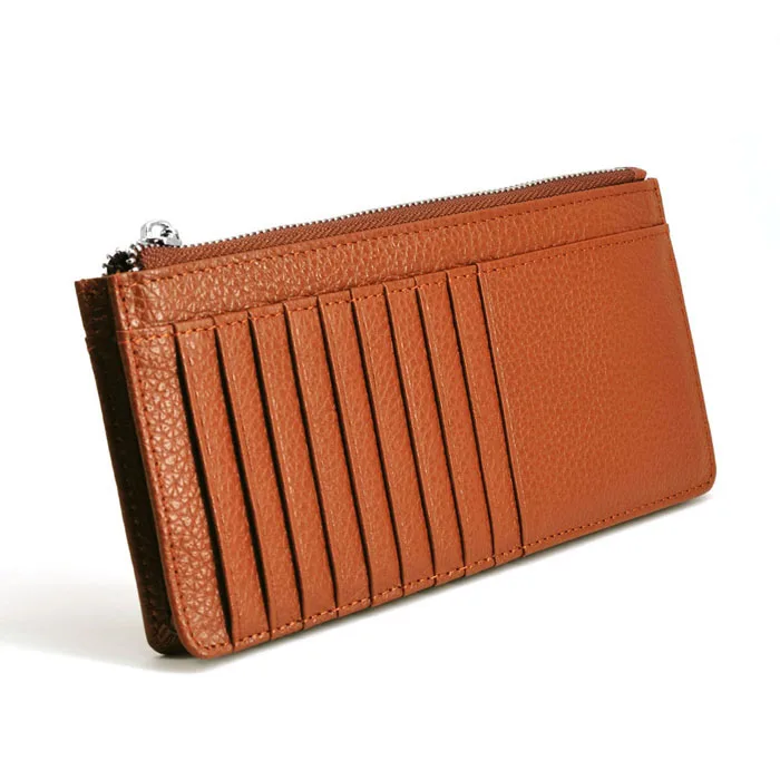 Simple Genuine Leather Zipper Cell Phone Wallet Bag Multi-Card Slots Long Cards Wallet