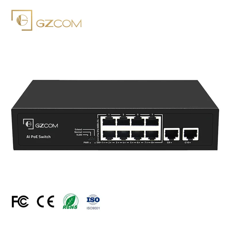 GZCOM Hybrid 100/1000M PoE Switch 8*10/100M PoE ports+2*Gigabit uplink RJ45 ports Network PoE Switch 8 ports for IP Camera CCTV