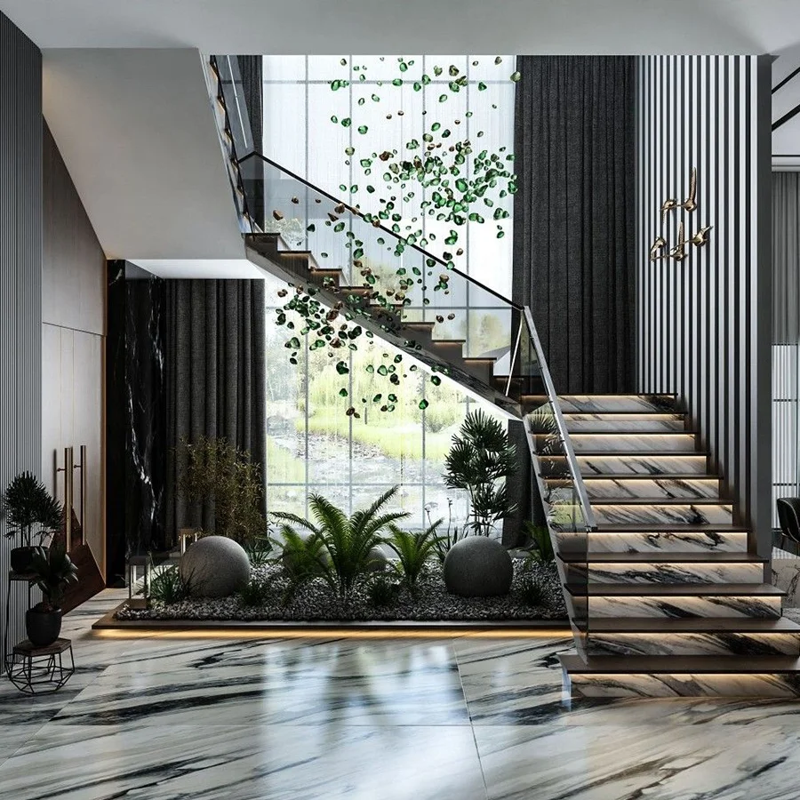 Steel Structure Staircase With Ultra Clear Tempered Glass Railing Stainless Steel Handrail Marble Step Stair