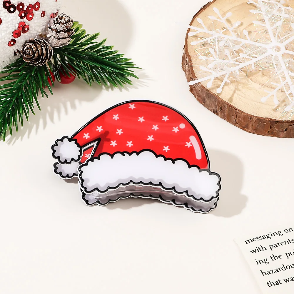 Christmas Cute Acrylic Snowman Shark Claw Clip Unique Sweet Durable Hat Shape Haarspangen Geometry Green Smooth Hairpin For Girl