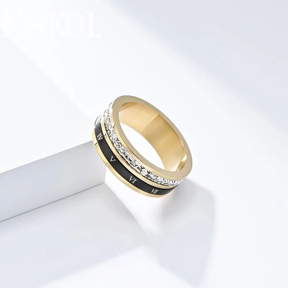 RAKOL ZPR1449 Korean Version Cross-border Full Set Zircon Rotatable Roman Numeral Stainless Steel Ring