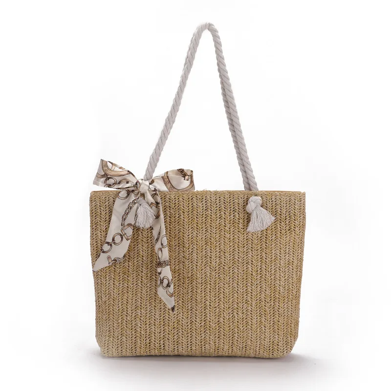 customized low price handmade woven weaving casual white woven  bow straw shoulder tote hand bag purse