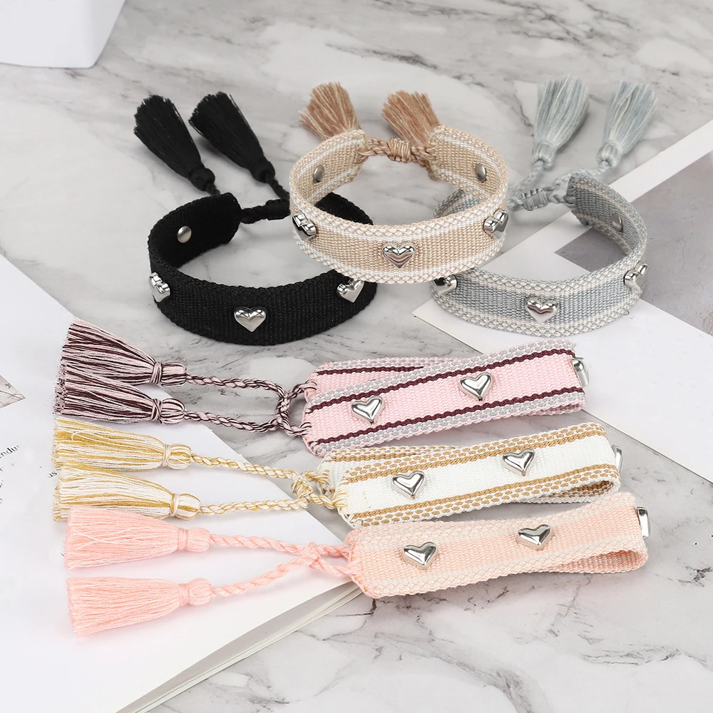 Silver Heart-shaped Metal Rivets Gift Wristband Woven embroidery adjustable rope woven Bracelets Friendship Bracelet Ladies Jewe