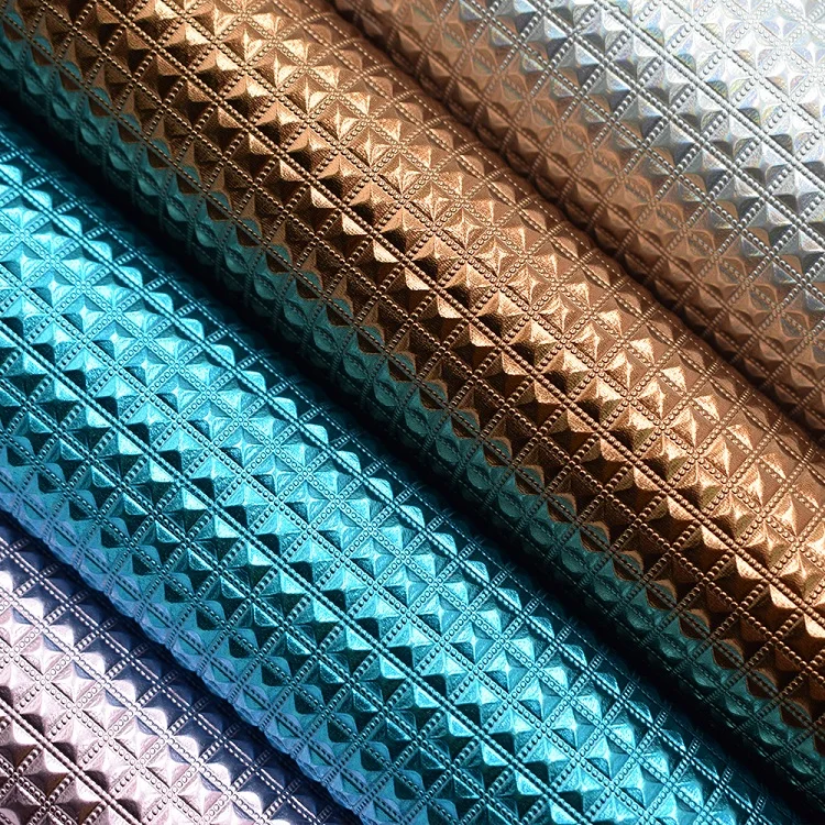 Diamond Metallic Square Embossed High Glossy Foiled Synthetic PU Leather for Bag Shoe