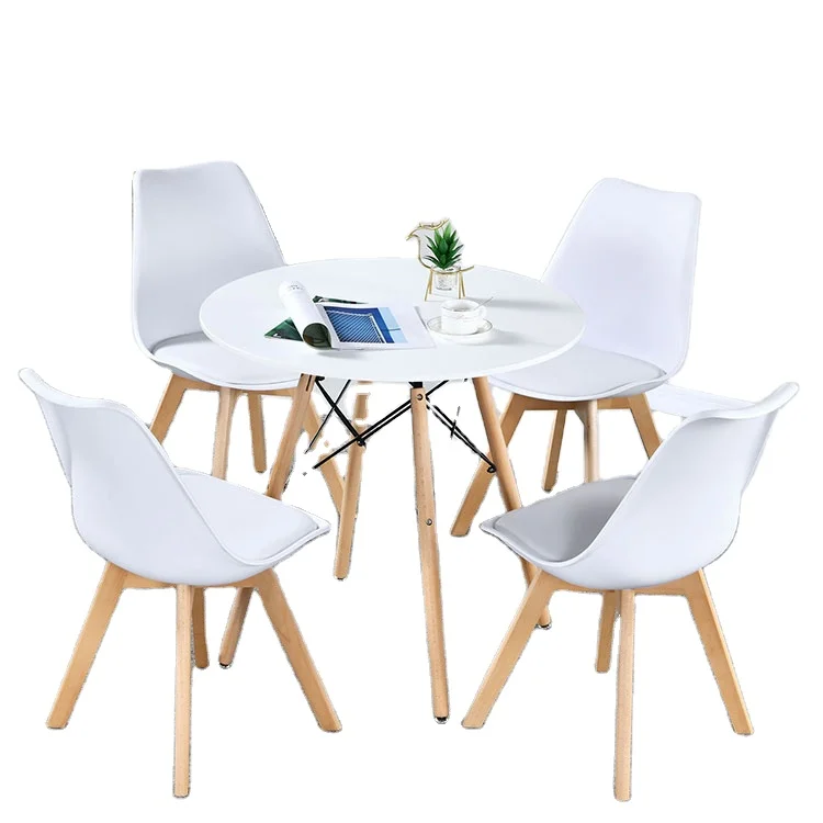 Morden Nordic White round small kitchen table MDF space saving cafe full dining table set 4 chairs with wooden legs