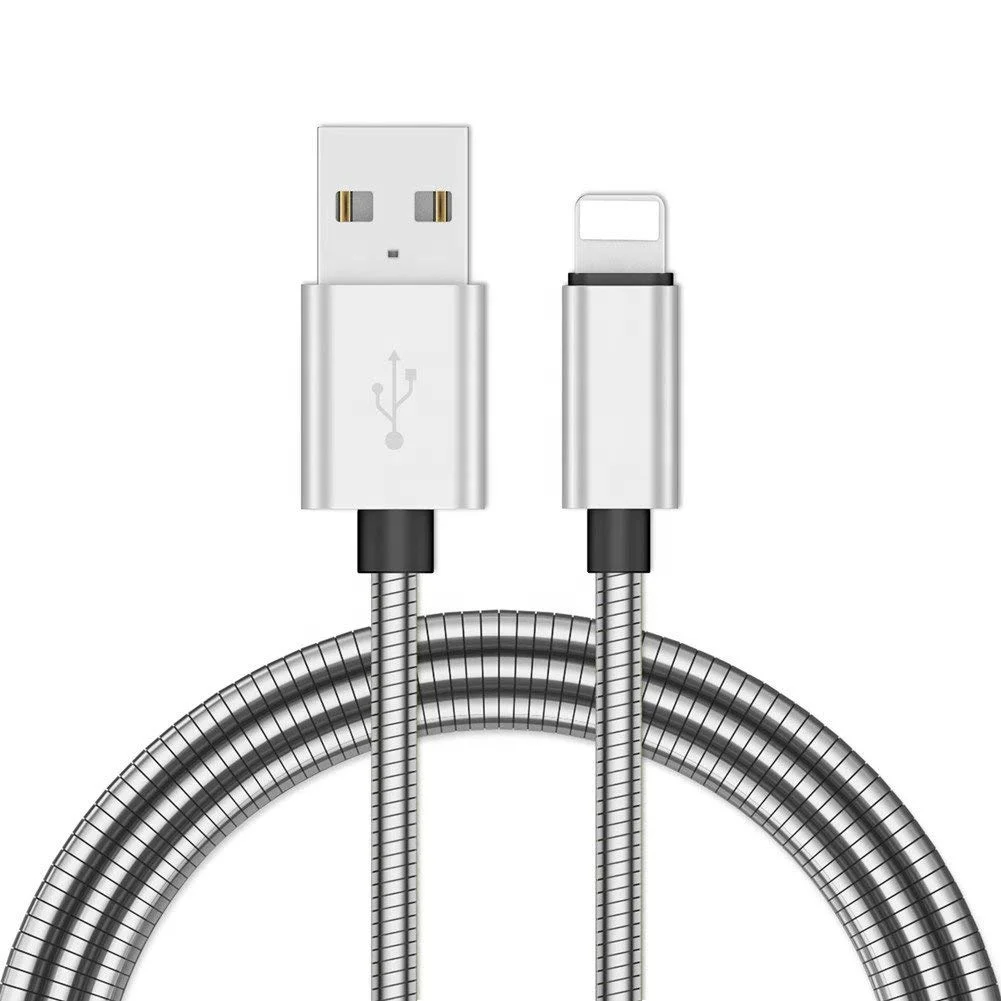 Durable Stainless Steel Metal Spring Braided High Speed Charging USB Data Sync Cable For iPhone