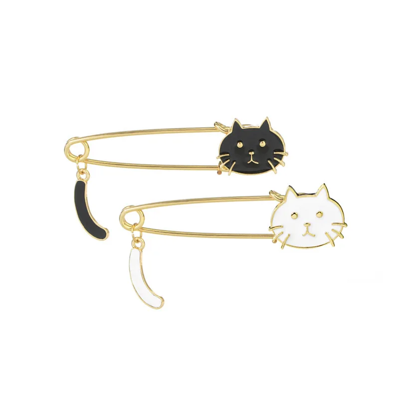 Japanese Cartoon Lovely White Black Drops Glaze Cat Head Wags Its Tail Safety Lapel Pin Brooch Fashion Clothing Accessories