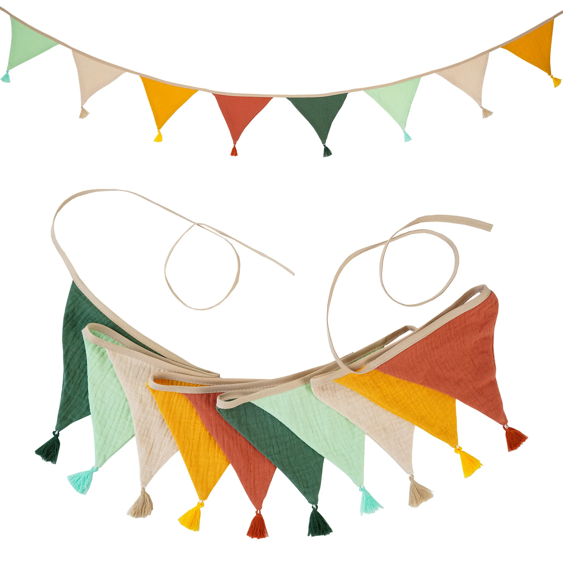 12 PCS  Fringed Burlap Banner Burlap Triangle Pennant Flag  Cotton Muslin Gauze Bunting Garland Streamers for Baby Shower