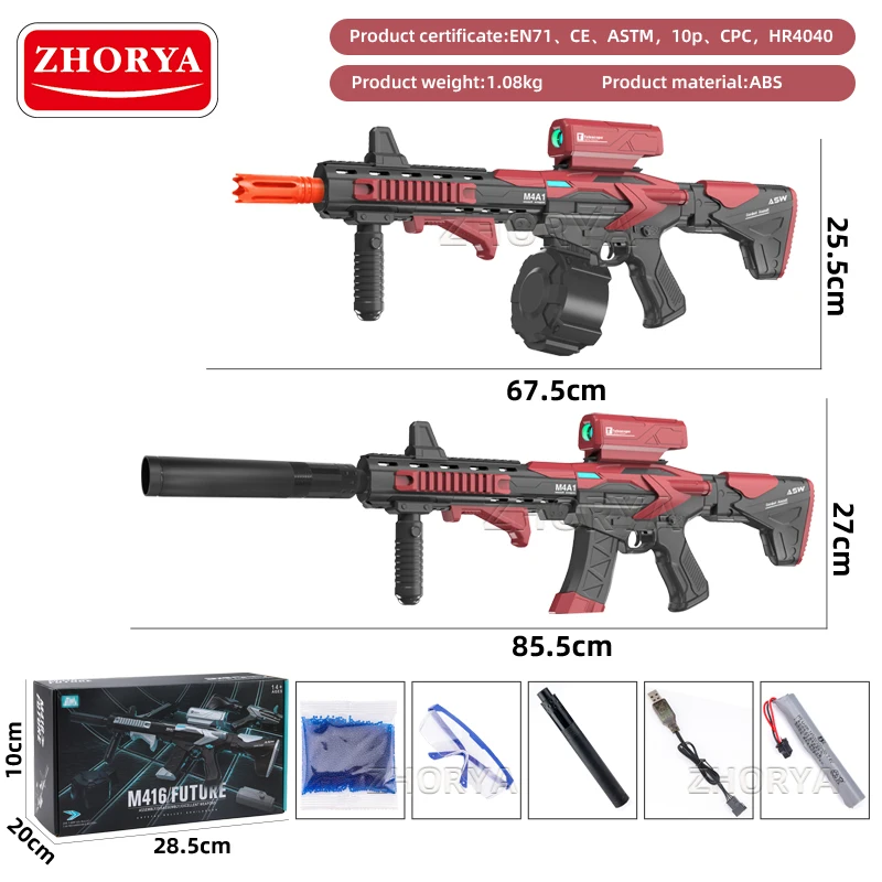 Zhorya Electric M4A1 gel blaster toy gun three colors M416 7-8mmsoft bullet fast shooting splatter blaster gun
