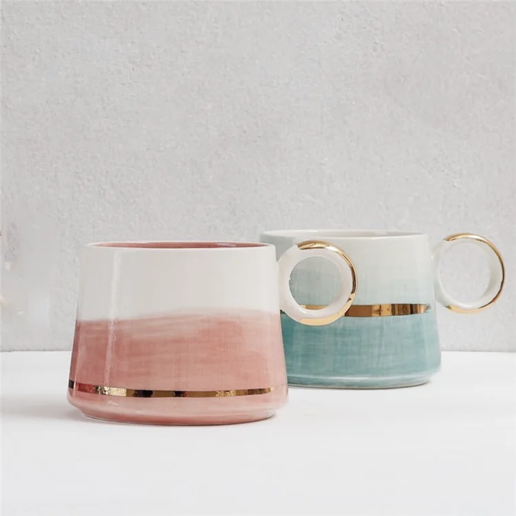 Nordic style fancy gold line ceramic couple coffee mugs with ring handle