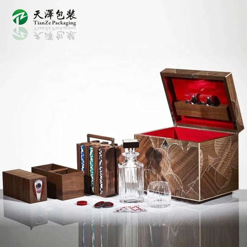 High Quality Premium Wooden Wine Box Custom Luxury Wine Glass Box Casino Pokers Clay Packaging Gift Box