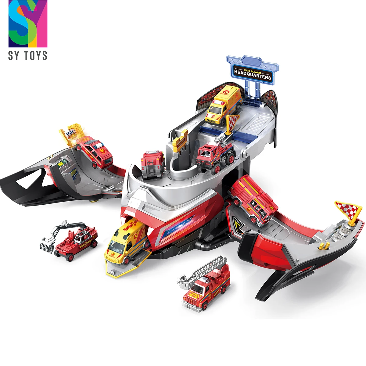 SY TOYS New 2-in-1 Multi-Function Car Motorcycle Parking Garage Storage Lot Fire Station Toy Kids Storage Parking Lot Toys Set