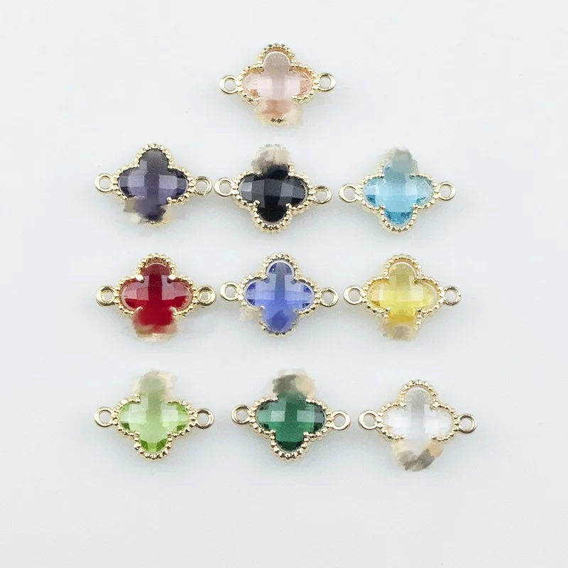 New arrival diy jewelry parts alloy double ring glass colorful four leaf clover pendant necklace accessories