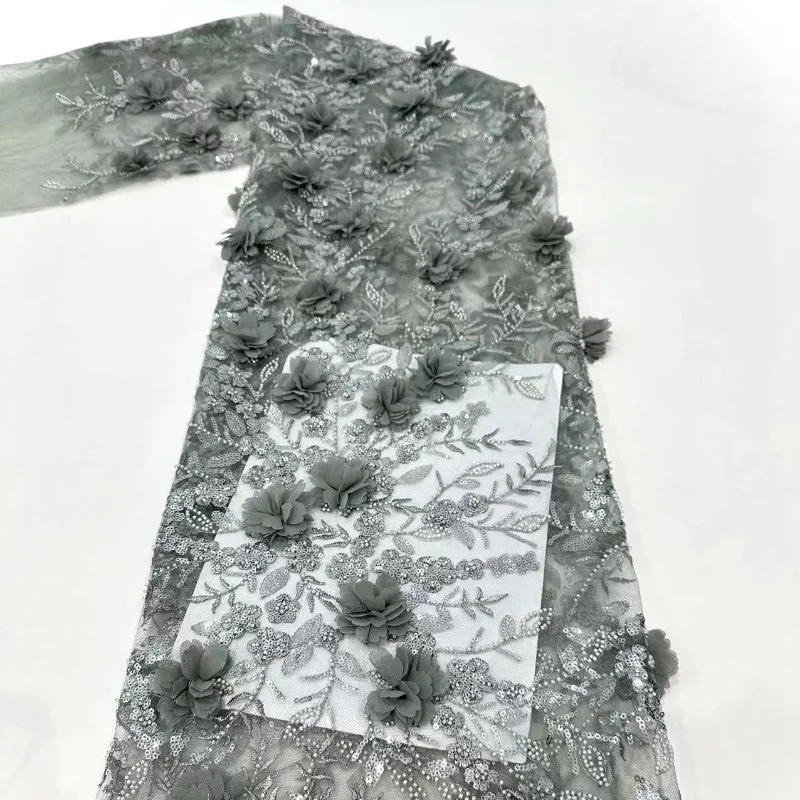 hot african lace beaded flower pattern with pearl sequin tulle dress fabric for the gala dress