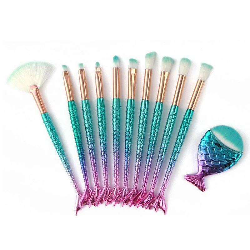 Soft Comfortable Mermaid Shape 10 Pcs Private Label Wholesale High Quality Professional Makeup Brush Set For Girls soft makeup