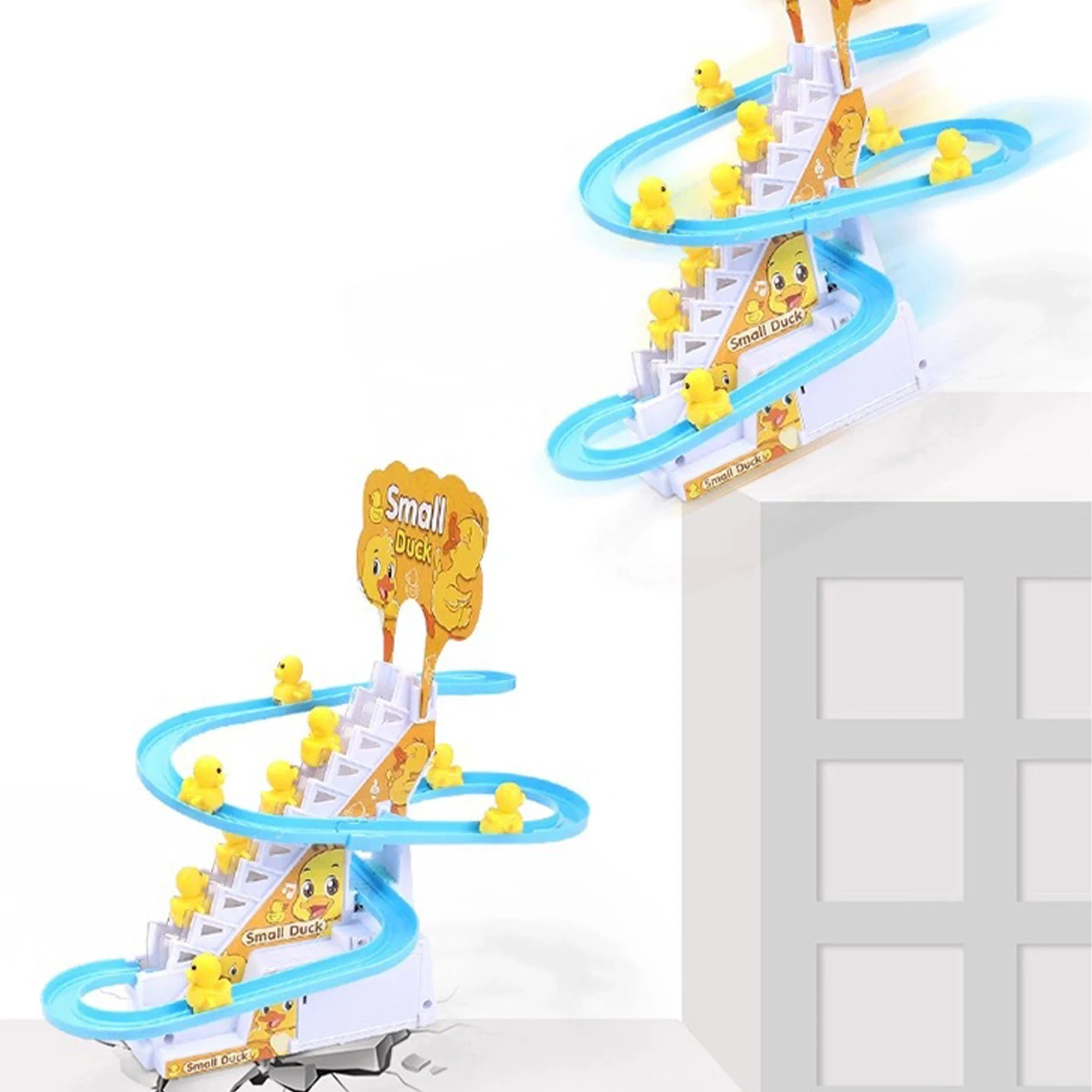Amazon Hot Selling Duck Climbing Stairs Yellow Rail Car Toys Electric Slide Music Lights Educational Toy Boys and Girls Toys