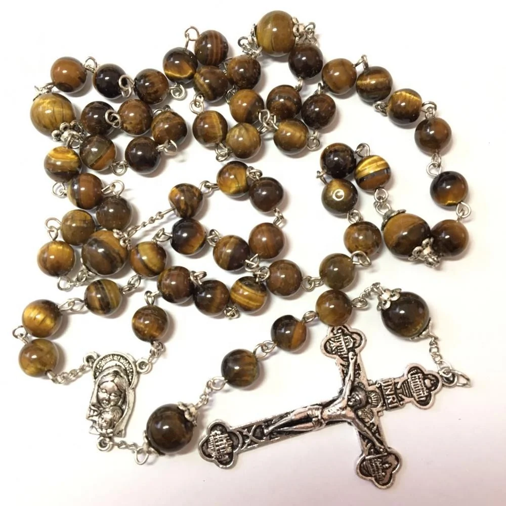 Customized tiger stone beads rosary Chaplet religious cross pendant silver plating Catholic beaded necklace Rosaries