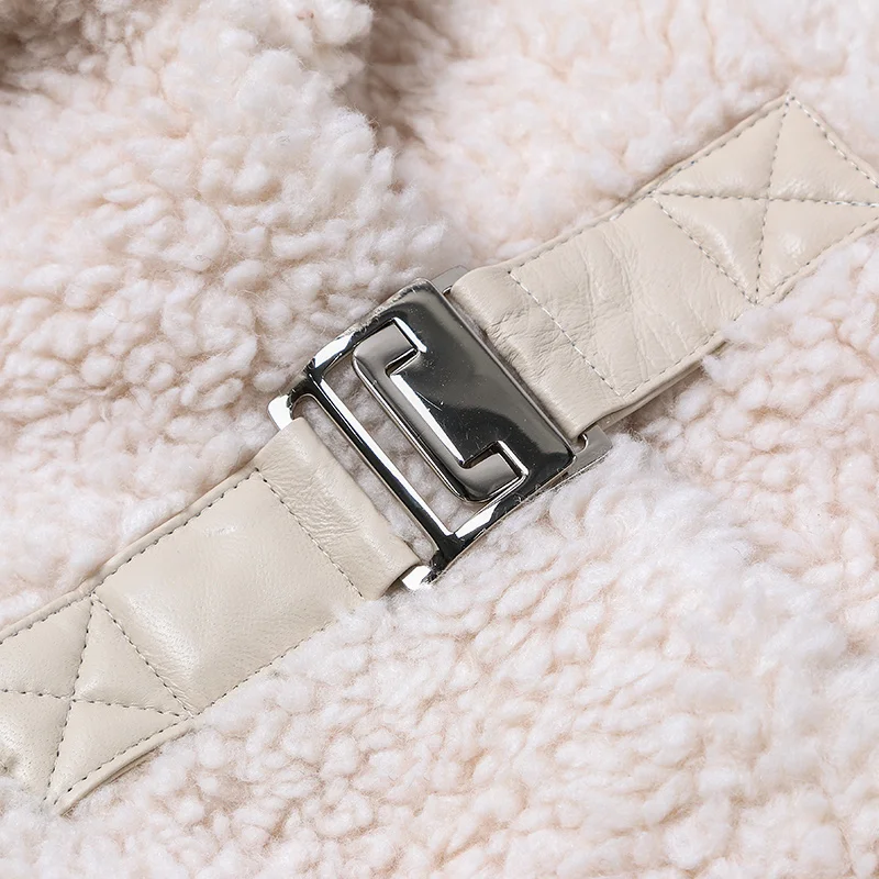 Winter Ladies Women Beige Long Elegant Plush Sheep Shearing Wool Fur Coat New Arrival