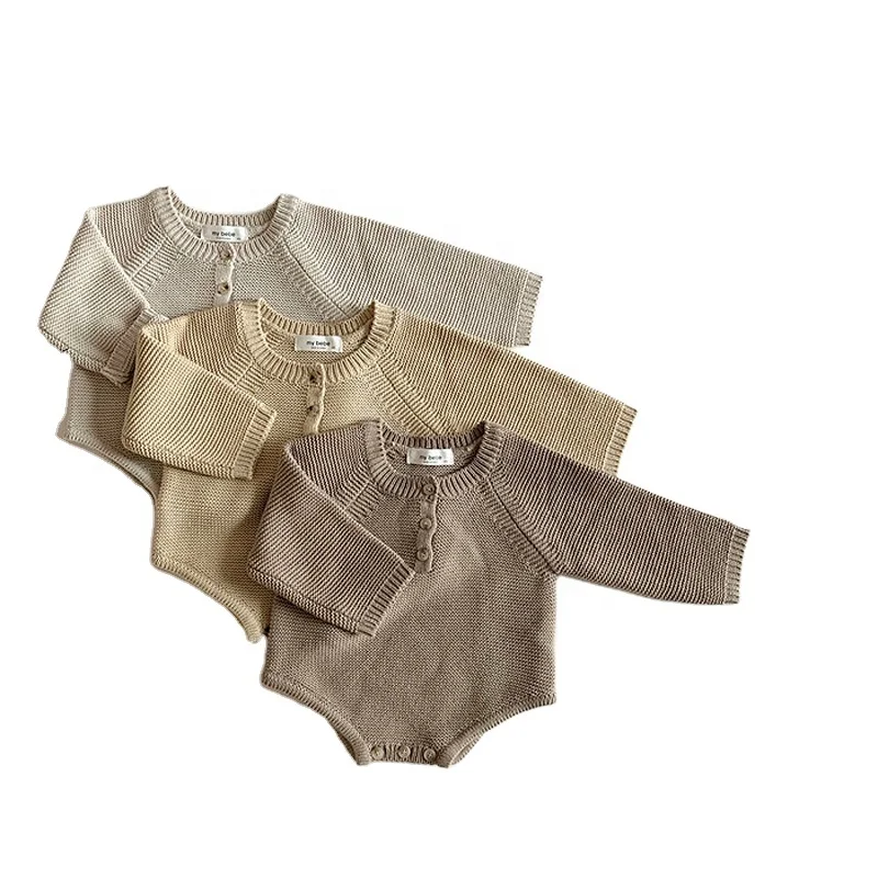 
INS Korean version of newborn baby autumn knitwear jumpsuit for boys and girls baby cute little cap with fart knitted baby crawl 