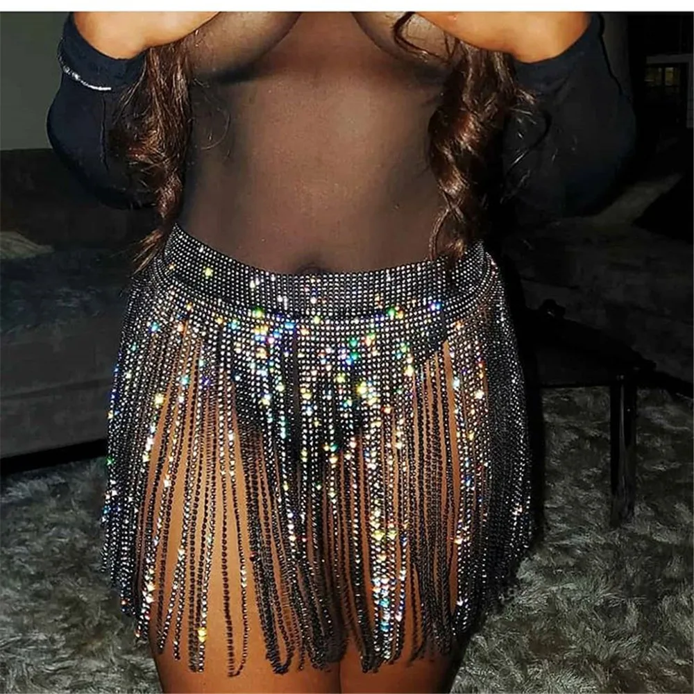Quality Selling Summer Beach Bikini Mini Tassel Skirt Women Fringe Crystal Bling Rhinestone Skirt
