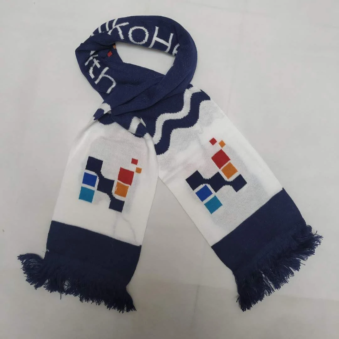 Custom festival knitted  jacquard acrylic fan scarfs with fringes and customized logo beanie in set