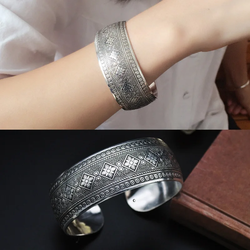 Vintage Tibetan Silver Open Wide Bangle For Women Carved Pattern Animal Bracelet Thailand Afghanistan Ethnic Jewelry