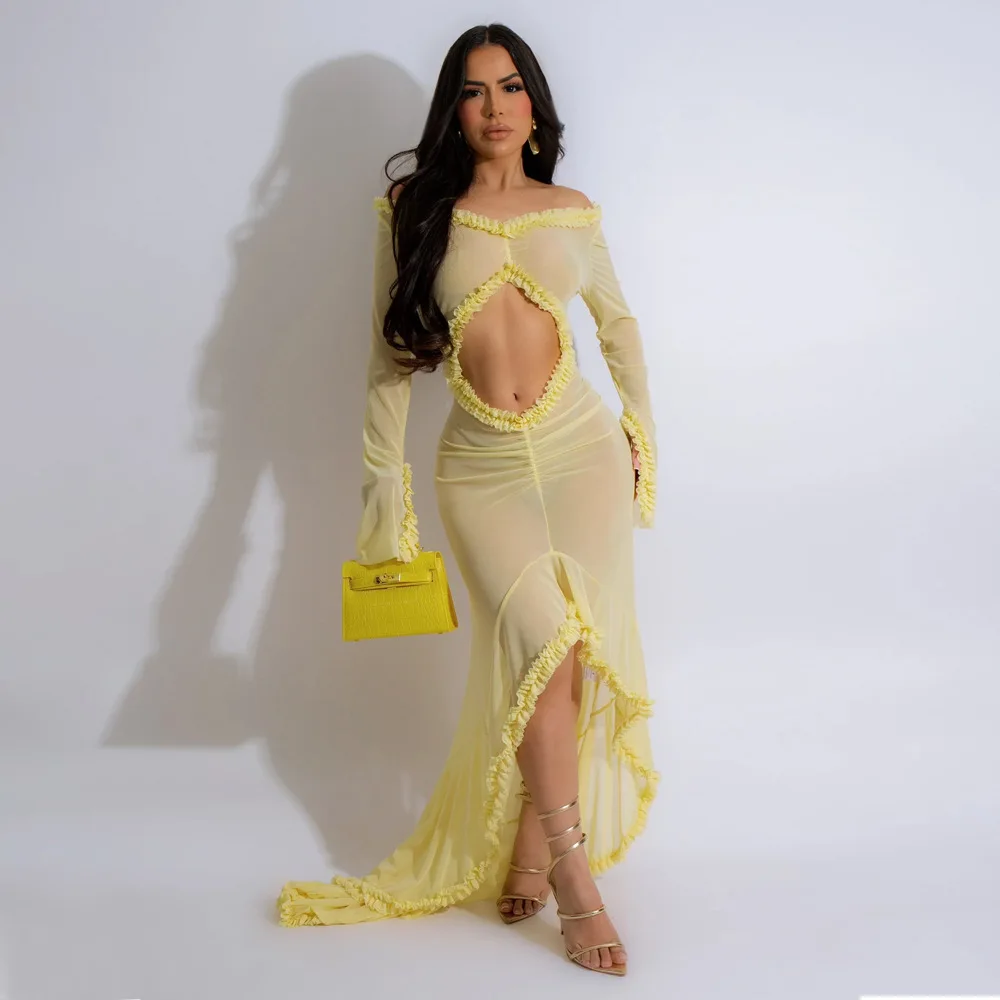 Liu Ming Clearance Sales 2025 Women Sexy See Through Long Sleeve Beach Outfits Solid Color Maxi Dress