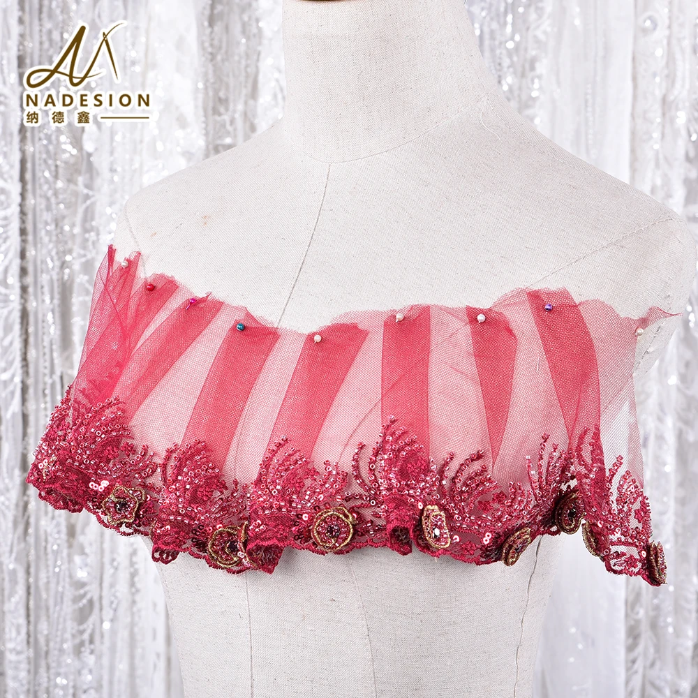 Wholesale Embroidery Decorative Mesh Ruffle Pearl Beaded Border Lace Trim Embroidery Flower Lace Trims
