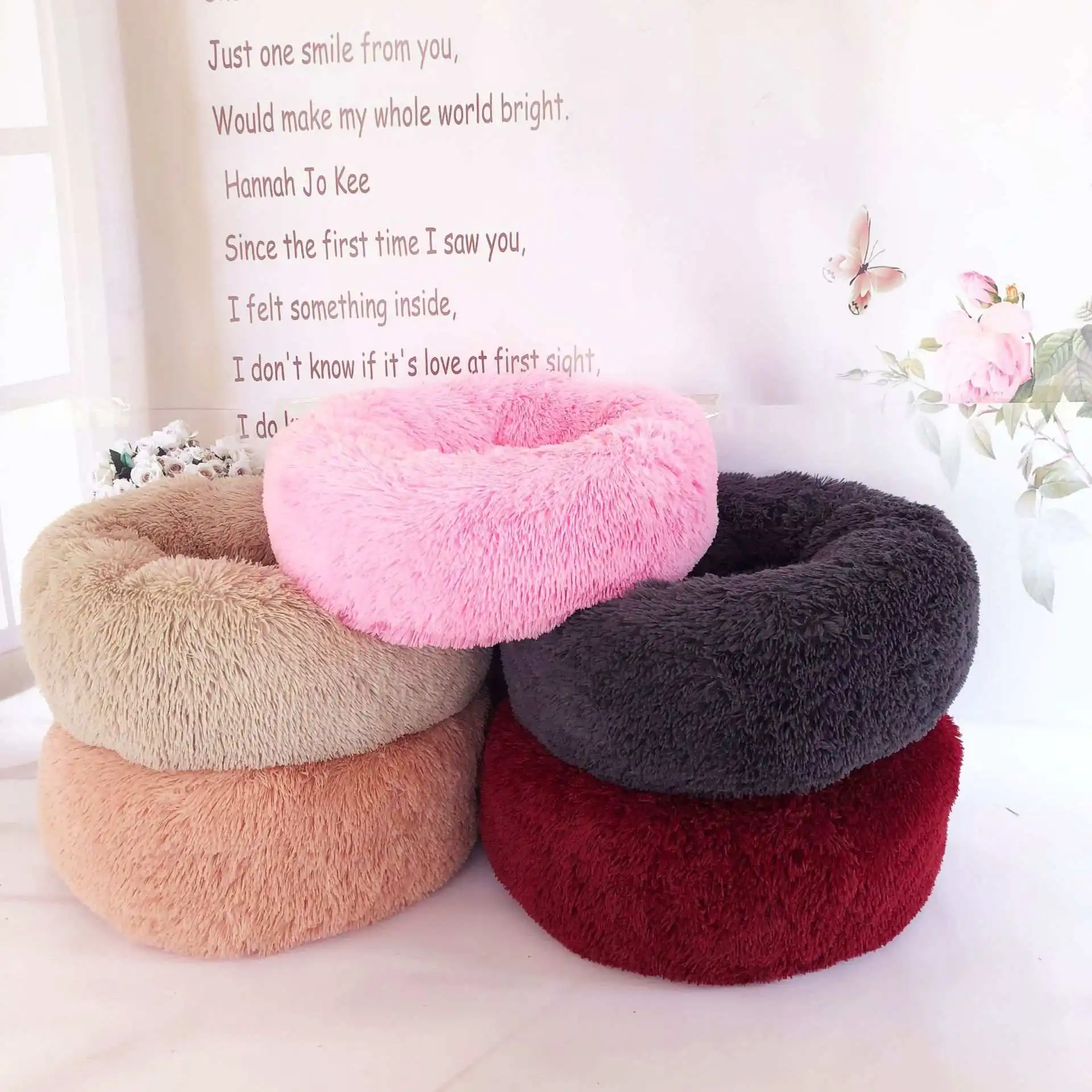 2023 high quality Soft Plush Warm Round Plush Fluffy Donut Pet Beds Cushion Sofa Cat Dog Bed
