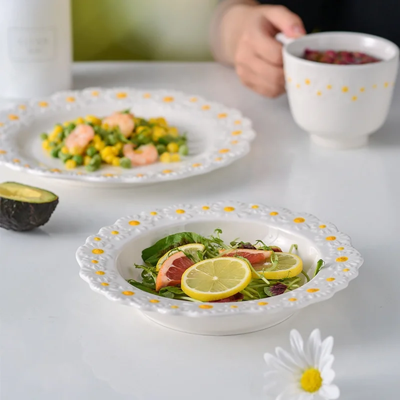 8/10inch Cute Small Daisy Flower Ceramic Plate Dinner Set Steak SnackTray Bakeware Kitchen Tableware