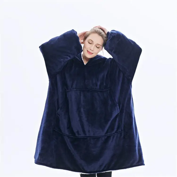 Sedex Bsci winter customized polyester flannel Sherpa blanket hoodie Adults Solid Oversized Wearable Hoodie Blanket with Pocket