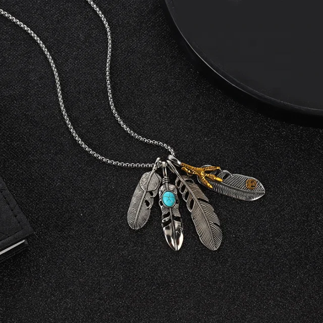  Vintage Style Antique Silver Feather Gemstone Pendant Womens/Mens Turquoise Inlaid on Alloy Rope Necklace