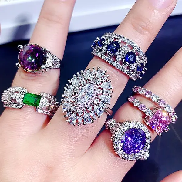 jewelry ring mixed wholesale crystal color zirconium ring heavy industry micro-inlaid S925 silver gemstone explosion ring