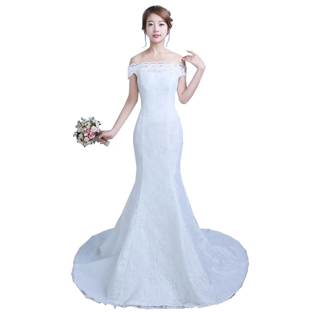 Korean Red New Fashion Simple Off The Shoulder Boat Neck Mermaid Wedding Dress Vintage Bride Robe De Mariage