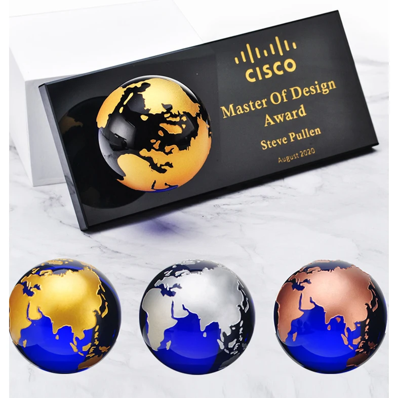 Jadevertu  K9 crystal globe ball award trofeos crystal plaque award glass plaque custom award desk decoration gift