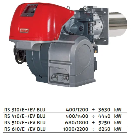 Original Riello RS 310-410-510-610/E-/EV Blu burners series covers a firing range from 1200 to 6250 kW