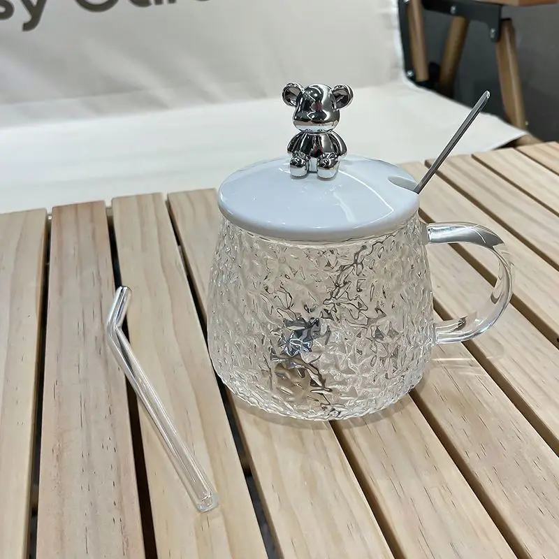 400Ml Coffee Mug With Handle And Bear Lid High Appearance Hammer Glass Coffee Bear Shape Glass Cup With Spoon