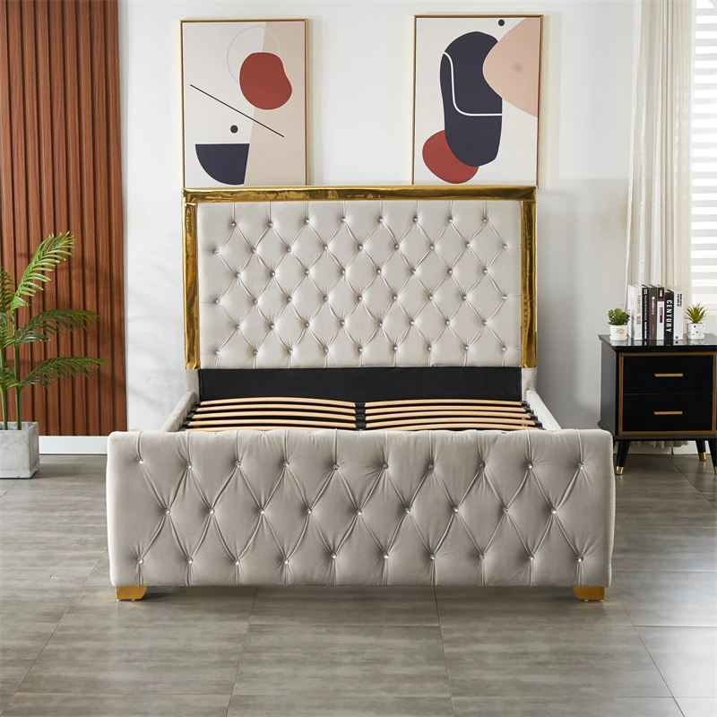 Light luxury new design upholstered beds grey velvet gas lift storage ottoman queen size bed frame with crystal buttons tufted