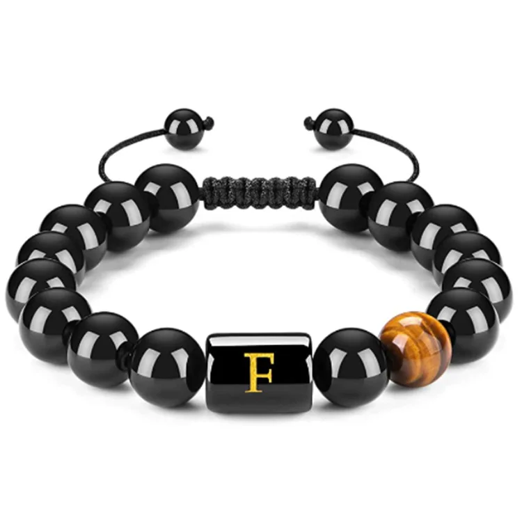 Fashion 26 Letters Tiger Eye Black Onyx Stones Beads Bracelet for Women Men