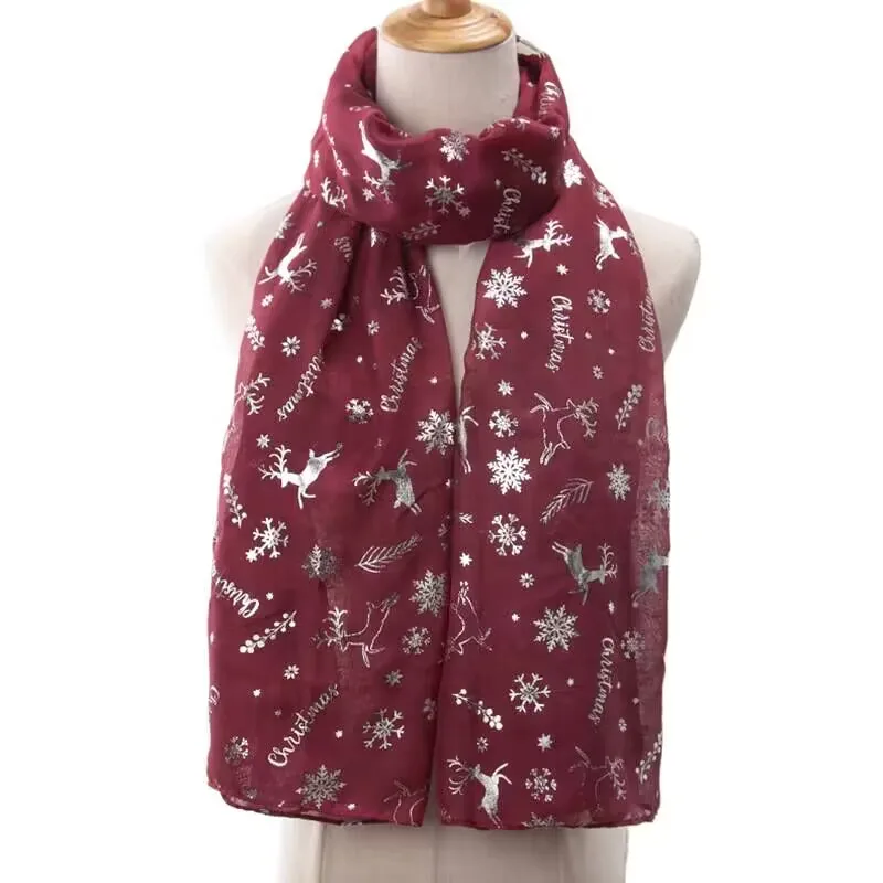 Christmas Red Silvery Sheer Scarves Wine Red Lightweight Winter Xmas Collection Scarf Holiday Decorative Scarves for Women