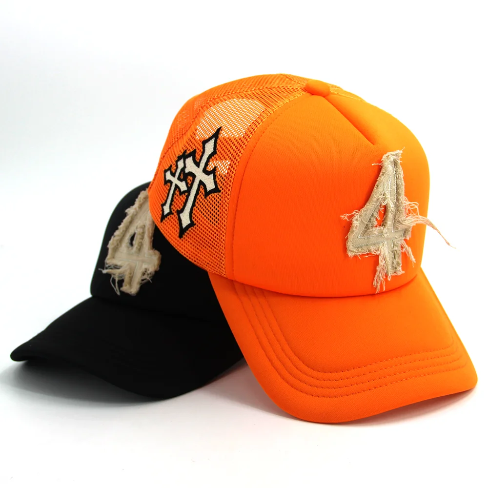 High Quality 5 Panel Foam Mesh Trucker Cap Hats with custom Applique embroidery patch logo