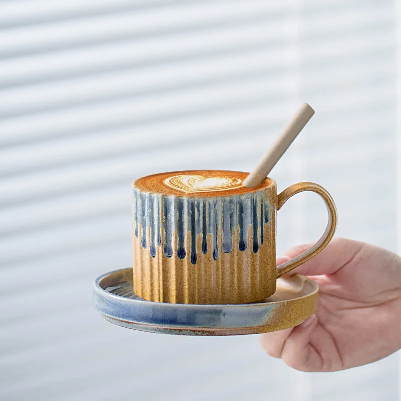 250ML Light Luxury Style Striped Coffee Mug Cup And Saucer Retro Stoneware Japanese Flowing Glaze Afternoon Tea Cup with Saucer