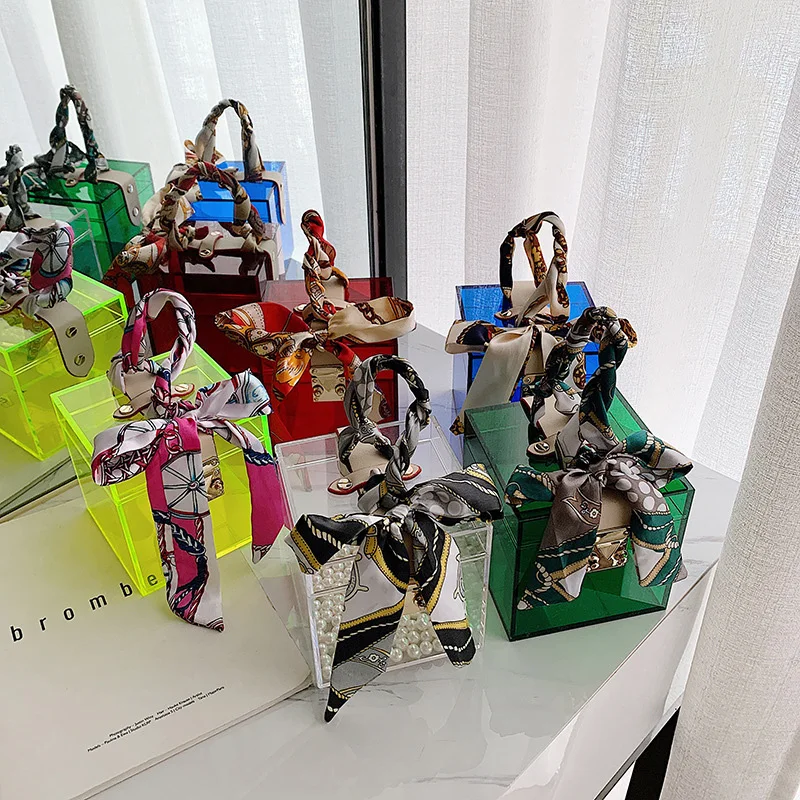 Hot selling scarf decoration candy color square box bag women shoulder transparent purses and handbags