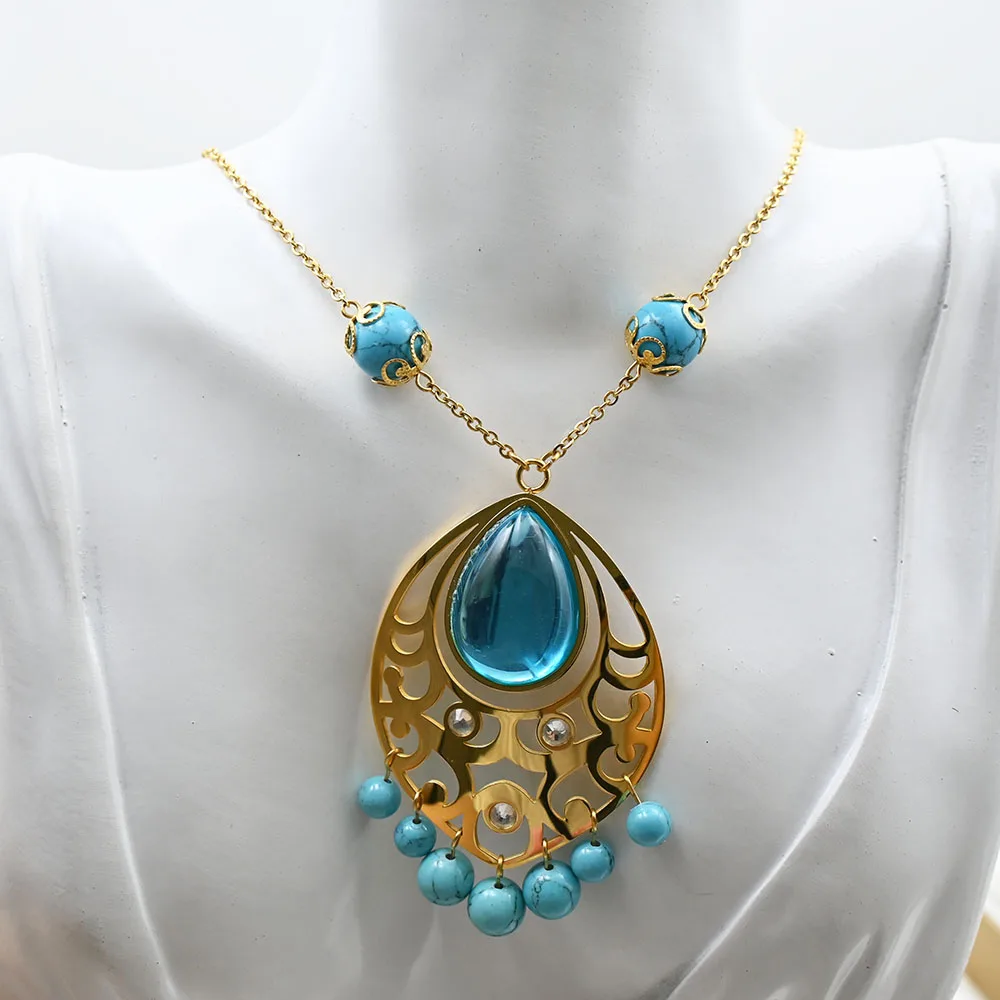 wholesale Vintage Bohemian blue Bead Pendant Ethnic Turkish Gypsy Stainless Steel Fringe Necklace For Women