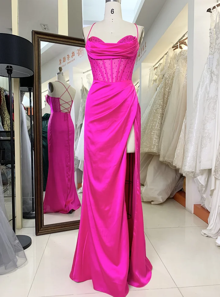 Hand pleated Hot pink Soft Drapes Square Neckline Corset Bodice Lace Up Back High Slit Rhinestones Bodice fitted Prom Dress