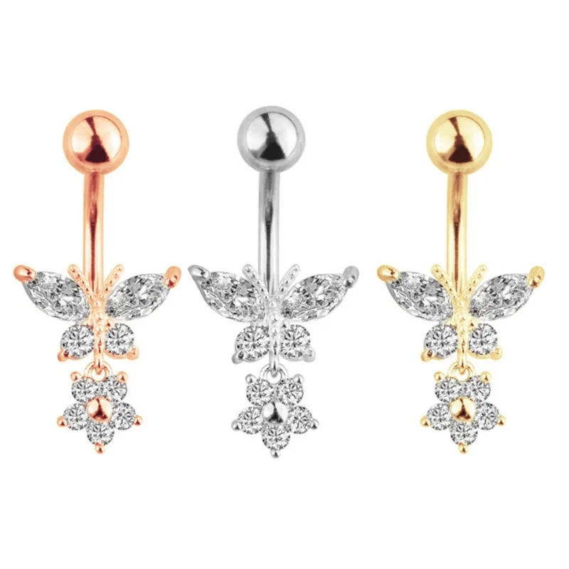 Wholesale Trendy Fashion Zircon Navel Ring Silver Gold Stainless Steel Belly Button Ring Butterfly Navel Body Piercing Jewelry