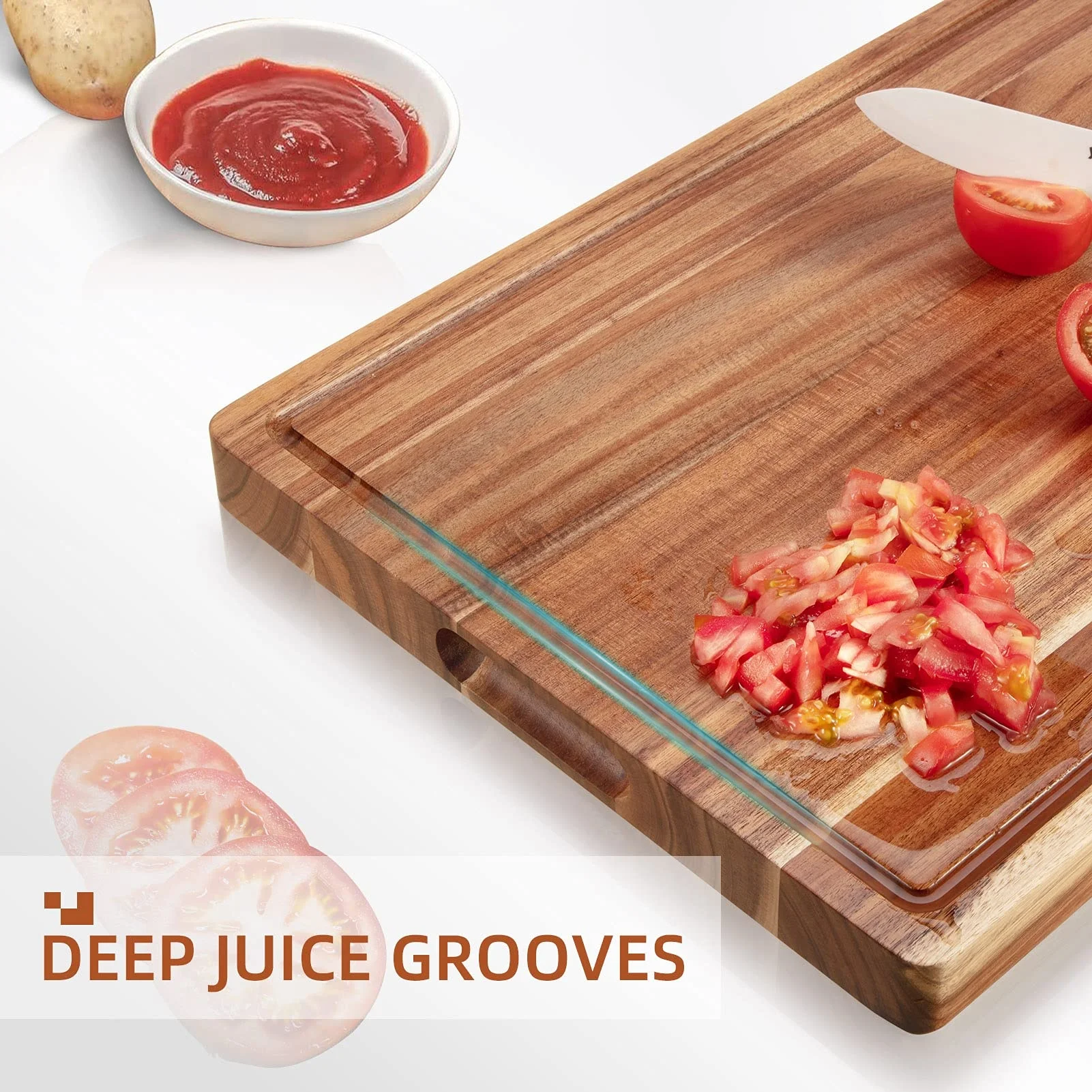 Selling high quality kitchen deep trough wooden meat and vegetable cutting board organic acacia wood cutting board
