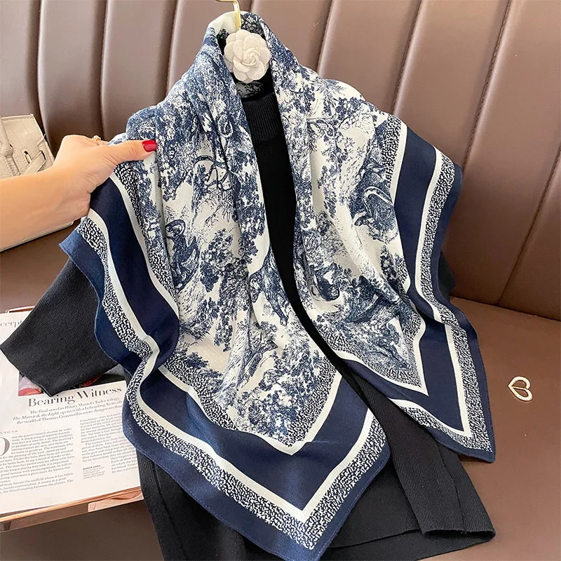 Latest Luxury Designer Viscose Multi Colors Head Scarf Printed Scarves Shawls Women Stylish Geometric Imitated Cotton Wool Scarf